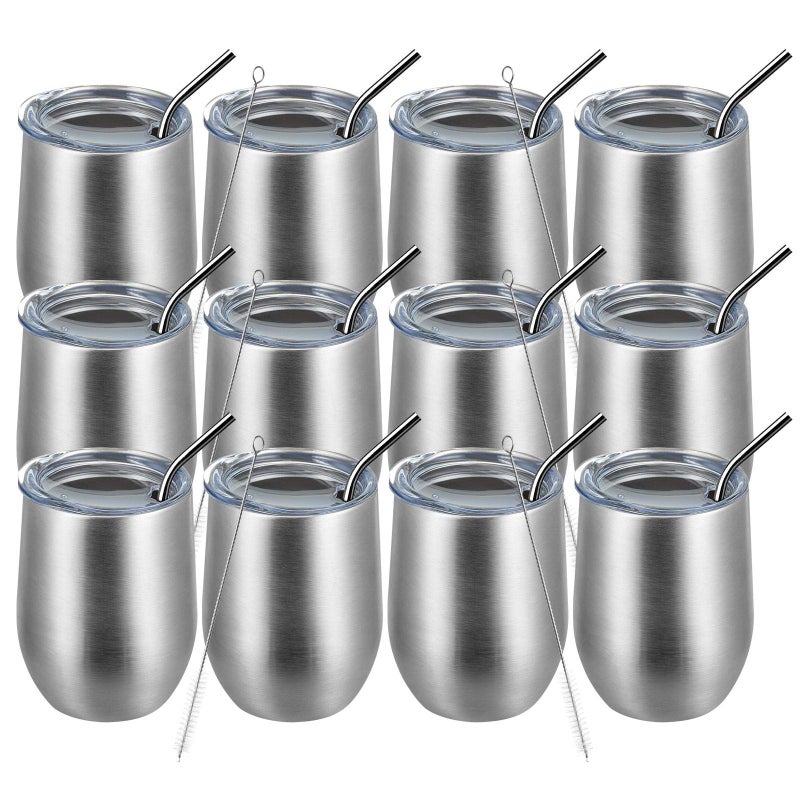 MEWAY 12oz/12 Pack Wine Tumbler Glasses with Lid -Double Wall Vacuum Stainless Steel Travel Tumbler Mug,Stemless Insulated Wine Cup for,Coffee,Cocktails,Gifts (Silver,Set of 12) - Image 1